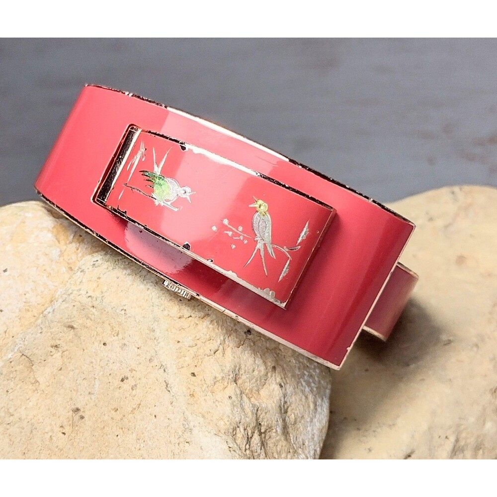 Vintage Samba Cuff Bracelet Watch Enamel Birds 1940s 50s - Picture 2 of 8